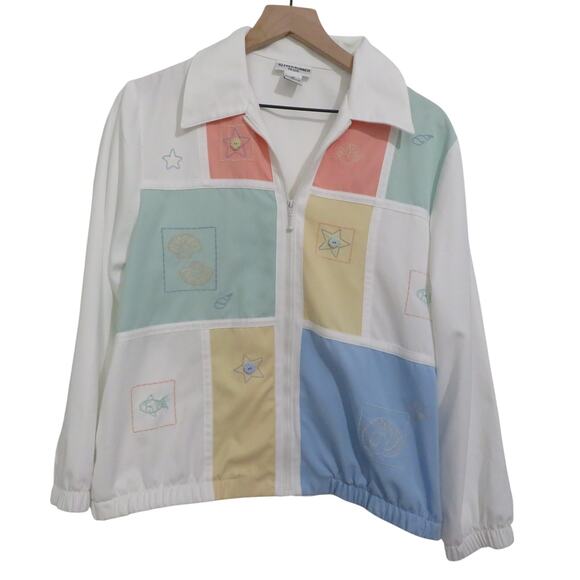 Alfred Dunner Women 12 Pastel Nautical Windbreaker Jacket Embroidered Patchwork - Picture 1 of 7